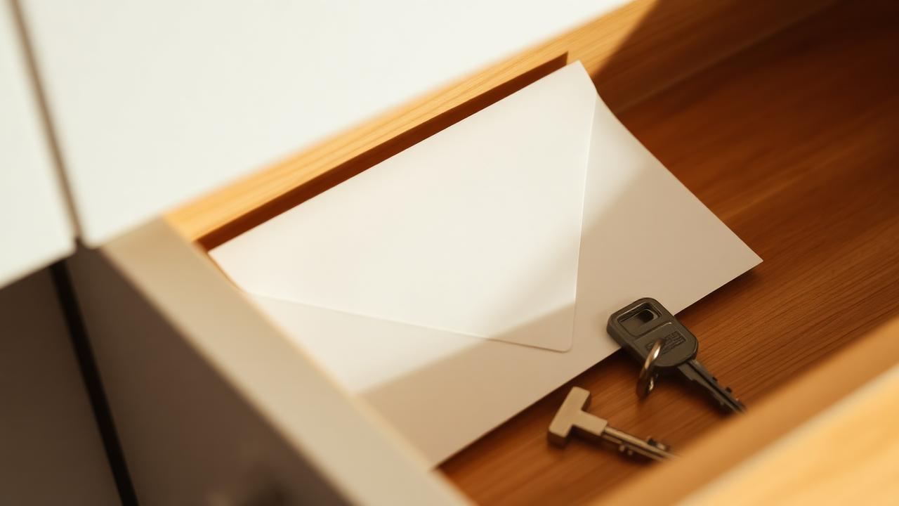 A cash envelope and keys tucked in an open drawer