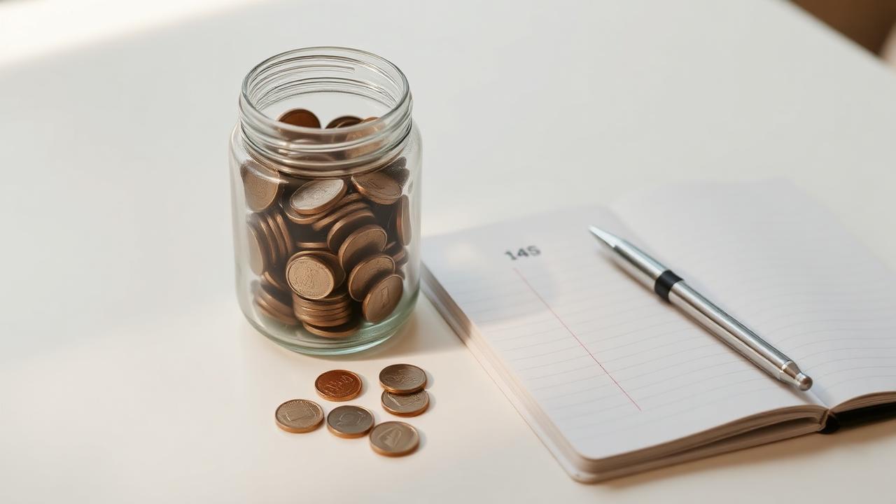 A jar of coins beside an open notebook and pen