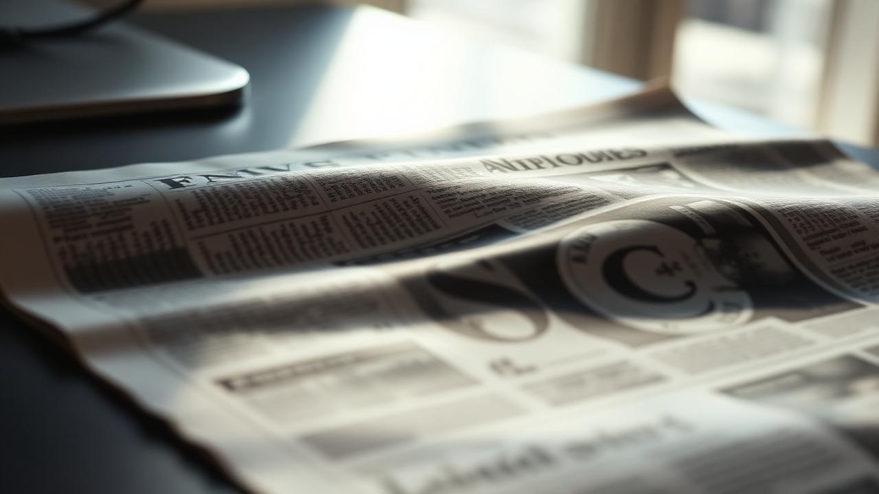 A folded newspaper stock table on a desk in soft daylight