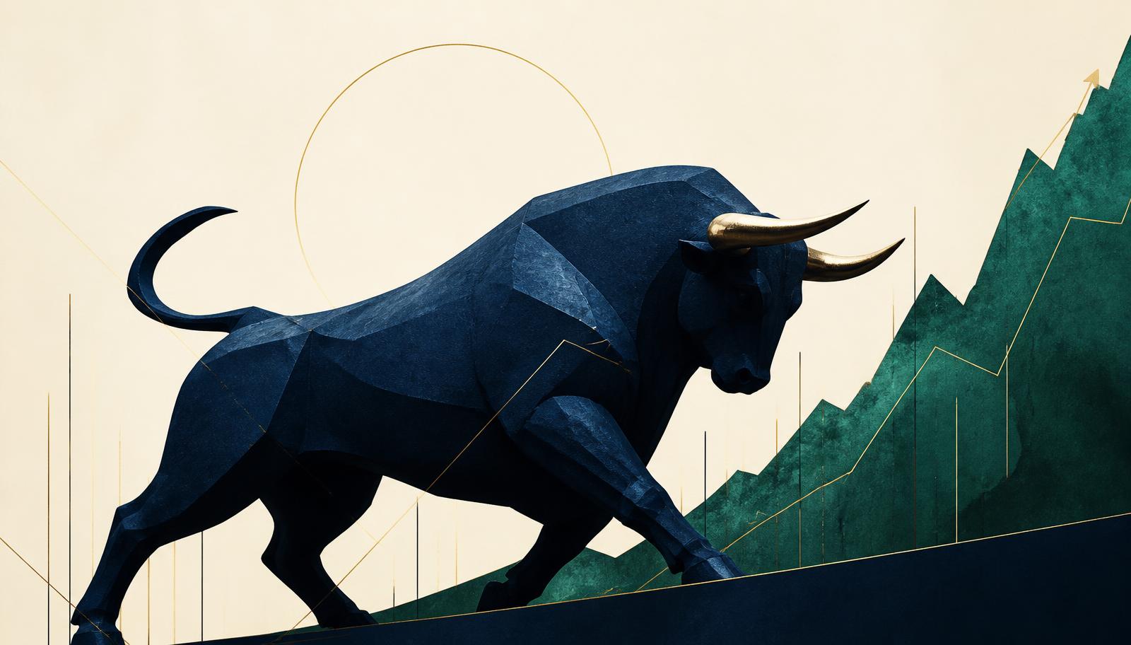 A stylised navy bull striding up an ascending green market chart